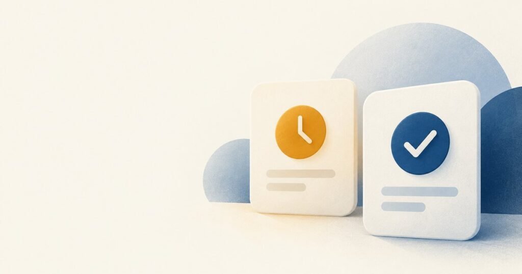 Dos tarjetas de estado: una con un reloj (pendiente) y otra con una marca de verificación (definitivo)